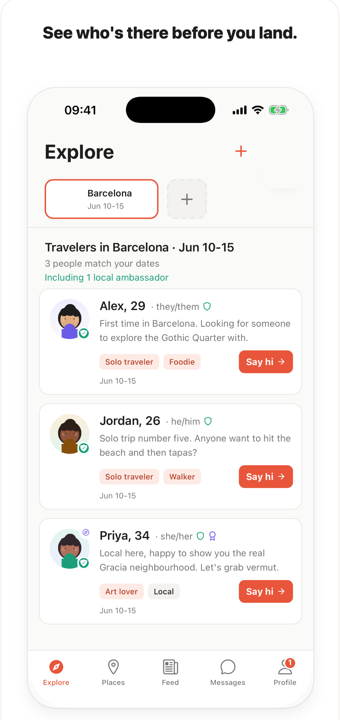 Wanderkin Explore tab showing traveler cards