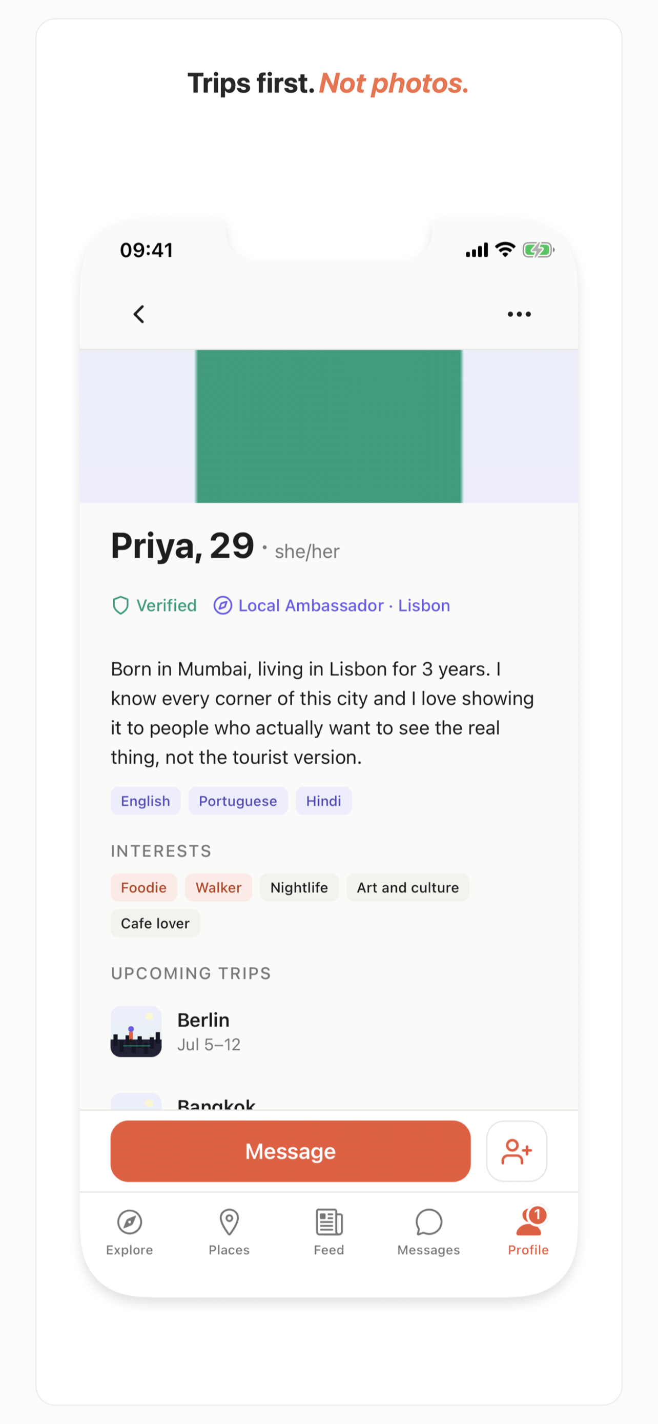 Wanderkin full profile showing a verified member, interests, and upcoming trips