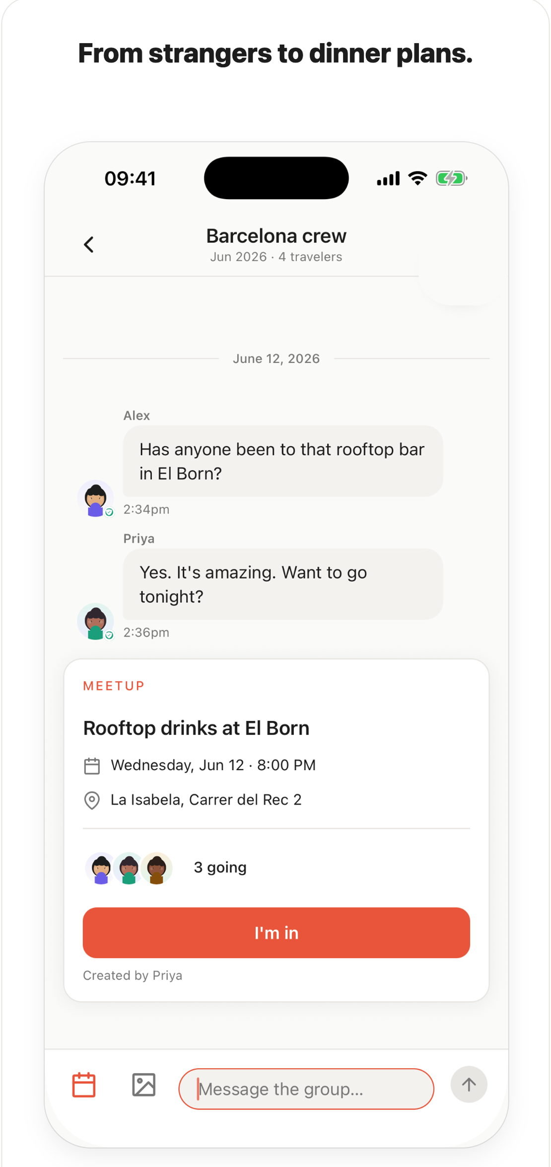 Wanderkin messages screen showing meetup coordination