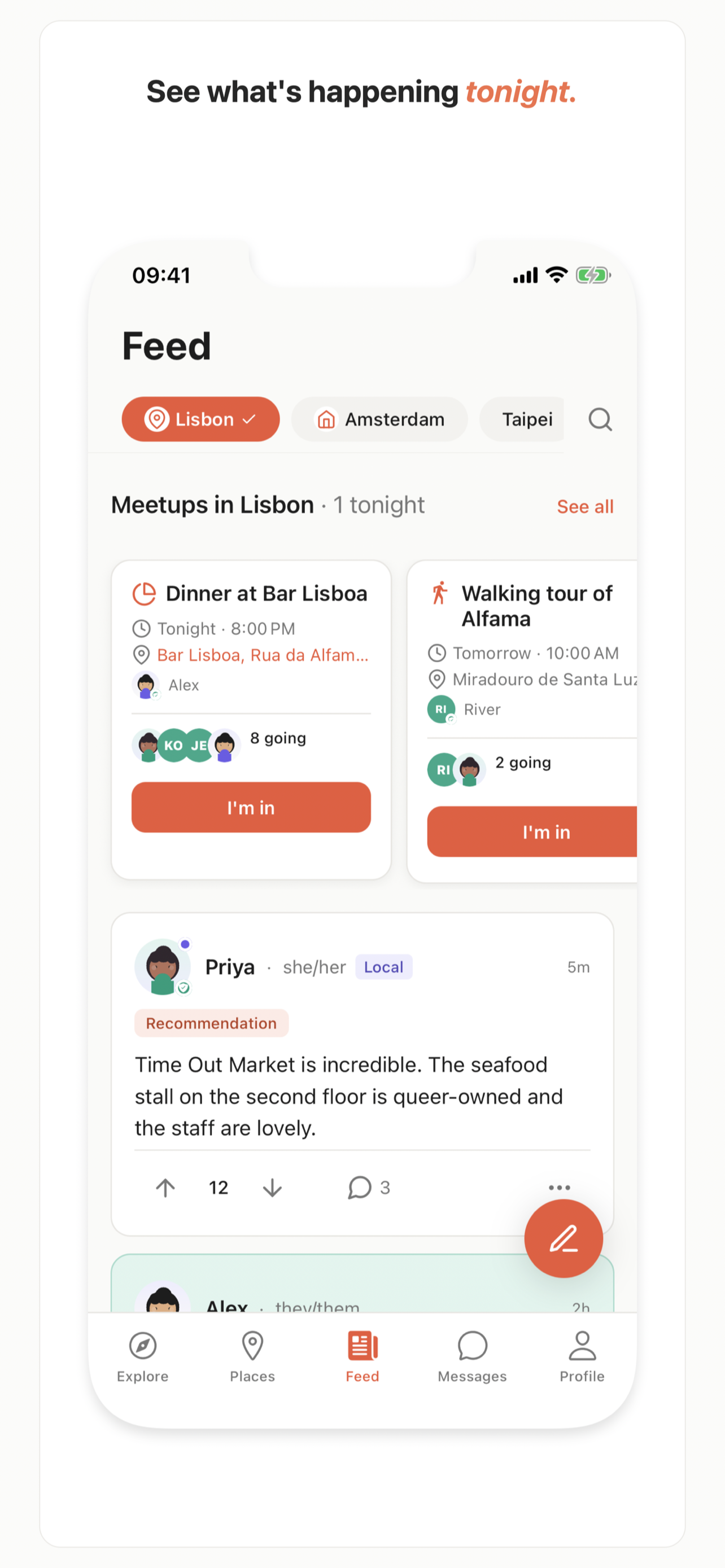 Wanderkin Feed showing LGBTQ+ meetups happening tonight